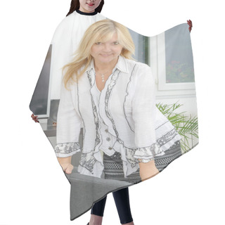Personality  Portrait Of Mature Smiling Blond Woman Hair Cutting Cape
