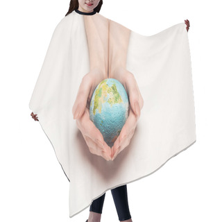 Personality  Cropped View Of Woman Holding Globe Model On White Background, Global Warming Concept Hair Cutting Cape