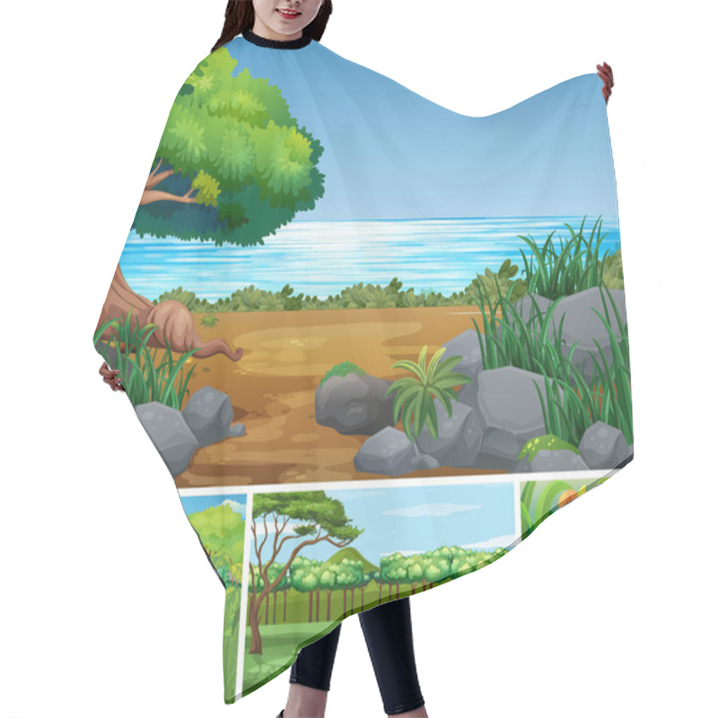 Personality  Four Different Nature Scene Of Forest And Swamp Cartoon Style Illustration Hair Cutting Cape