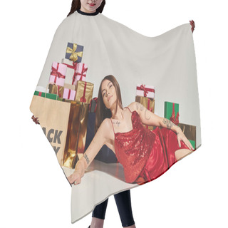 Personality  Joyous Woman In Red Dress With Tattoos Lying On Floor Near Presents And Shopping Bag, Black Friday Hair Cutting Cape
