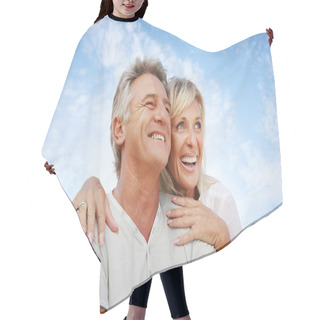Personality  Happy Mature Couple Outdoors. Hair Cutting Cape