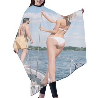 Personality  Beautiful Young Couple In Swimwear Standing Together On Yacht  Hair Cutting Cape