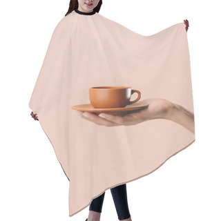 Personality  Cropped Shot Of Woman Holding Cup Of Coffee Isolated On Beige Hair Cutting Cape