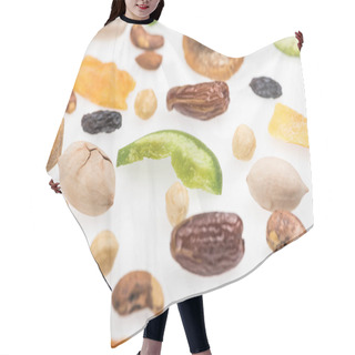 Personality  Close Up View Of Tasty Assorted Nuts, Dried Fruits And Candied Fruit Isolated On White Hair Cutting Cape