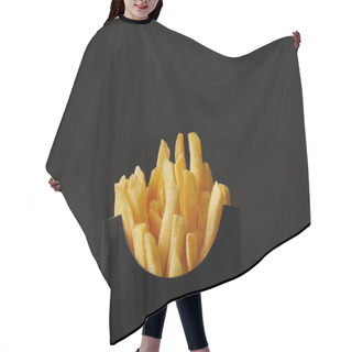 Personality  Close-up Shot Of Black Box Of Delicious French Fries Isolated On Black Hair Cutting Cape