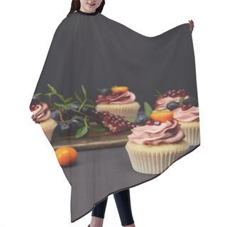 Personality  Cupcakes With Cream, Fruits And Berries On Grey Surface Isolated On Black Hair Cutting Cape