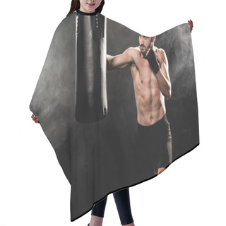 Personality  Handsome Athletic Boxer Exercising With Punching Bag On Black With Smoke Hair Cutting Cape