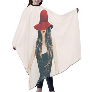 Personality  Fashion Brunette Lady In Red Hat And Red Lips On White Backgroun Hair Cutting Cape