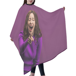 Personality  Cheerful Woman Laughing With Closed Eyes And Pointing With Finger At Camera On Purple Background Hair Cutting Cape