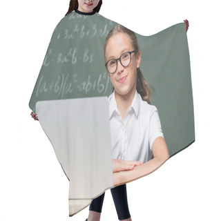 Personality  Schoolgirl In Eyeglasses Smiling At Camera Near Laptop And Chalkboard On Blurred Background Hair Cutting Cape