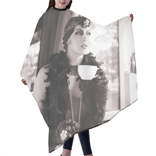 Personality  Retro Woman 1920s - 1930s Sitting With Cup Of Tea Hair Cutting Cape