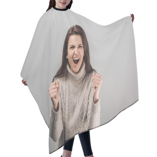 Personality  Excited Woman In Sweater Showing Yes Gesture Isolated On Grey  Hair Cutting Cape