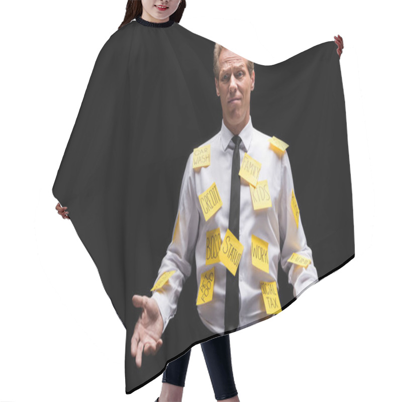 Personality  Stressed Businessman With Sticky Notes  Hair Cutting Cape