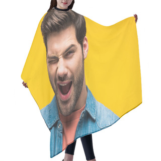 Personality  Excited Handsome Man Winking And Looking At Camera Isolated On Yellow Hair Cutting Cape