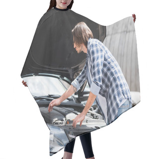 Personality  Calm Man Standing Near Broken Auto And Looking At Open Trunk, Car Insurance Concept Hair Cutting Cape