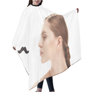 Personality  Young Woman With Fake Moustache  Hair Cutting Cape