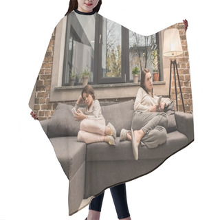 Personality  Family With Smartphones At Home Hair Cutting Cape