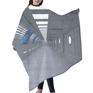 Personality  3D Render. Futuristic Interior Corridor Spaceship Hair Cutting Cape