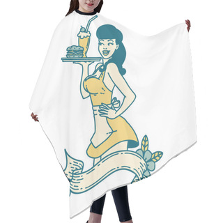 Personality  Tattoo In Traditional Style Of A Pinup Waitress Girl With Banner Hair Cutting Cape