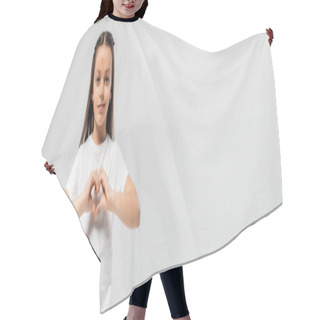 Personality  Happy Preteen Girl With Long Brunette Hair Standing In White T-shirt And Showing Heart Gesture With Hands Isolated On Grey Background, Child Protection Day Holiday, Banner  Hair Cutting Cape