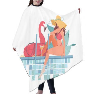 Personality  Attractive Young Woman Silhouette With Hat Near Pool Drinking Fresh. Hair Cutting Cape