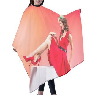 Personality  Girl In Red Dress With Present Hair Cutting Cape