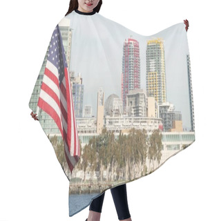 Personality  Metropolis Urban Skyline, Highrise Skyscrapers Of City Downtown, San Diego Bay, California USA. Waterfront Buildings Near Pacific Ocean Harbour. Star-Spangled Banner, Old Glory National Flag Waving. Hair Cutting Cape