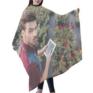 Personality  Gardener With Tablet During Work In Garden Hair Cutting Cape