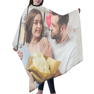 Personality  Happy Couple Celebrating St Valentine Day While Young Man Hugging Girlfriend With Roses Bouquet Hair Cutting Cape