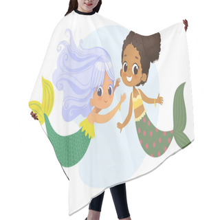 Personality  Mermaid African Caucasian Character Friend Nymph. Young Underwater African American Female Cute Mythology Princess Painting. Aquatic Isolated Marine Siren Drawing Flat Cartoon Vector Illustration Hair Cutting Cape