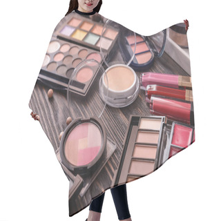 Personality  Professional Makeup Cosmetics On Wooden Dressing Table Hair Cutting Cape