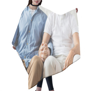 Personality  Close Up Of Happy Male Gay Couple Holding Hands Hair Cutting Cape