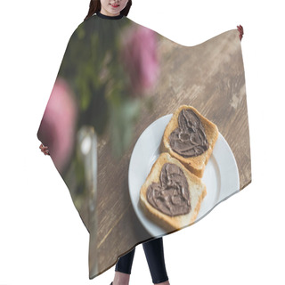 Personality  Toasts With Chocolate Paste In Shape Of Hearts On Wooden Table, Valentines Day Concept Hair Cutting Cape