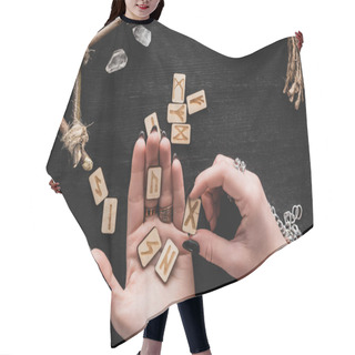 Personality  Top View Of Woman Holding Runes In Hands Near Crystals On Black  Hair Cutting Cape