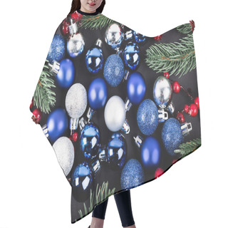 Personality  Top View Of Christmas Balls, Red Beads And Pine Branches On Black Background Hair Cutting Cape