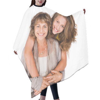 Personality  Pretty Daughter Hugging Her Mom From Back Hair Cutting Cape