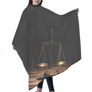 Personality  Golden Scales Of Justice On Wooden Table On Black Background Hair Cutting Cape