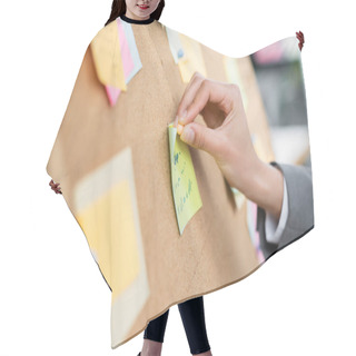 Personality  Cropped View Of Businesswoman Attaching Sticky Note On Board  Hair Cutting Cape
