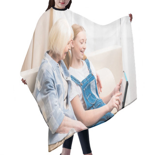 Personality  Grandmother And Girl With Digital Tablet  Hair Cutting Cape