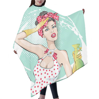 Personality  Pin-up Housewife Woman Portrait With Wiper. Housekeeping, Sexy Wife Hair Cutting Cape