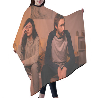 Personality  Sad Couple With Relationship Difficulties Sitting On Bed In Evening  Hair Cutting Cape
