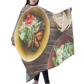Personality  Flat Lay With Vegetarian Salads Served In Bowls, Pieces Of Bread And Cutlery On Wooden Tabletop Hair Cutting Cape