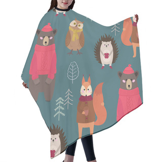 Personality  Children Seamless Pattern With Woodland Animals, Funny Cartoon Characters. Bear, Owl, Squirrel And Hedgehog In The Forest. Textile Print. Hair Cutting Cape