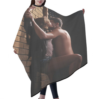 Personality  Guy Kissing His Girlfriend Against A Wall At Home Hair Cutting Cape