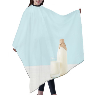 Personality  Milk Glass And Milk In Bottle Wrapped By Paper On Blue Background  Hair Cutting Cape