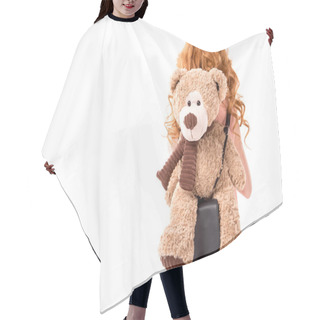 Personality  Rear View Of Red Hair Kid With Teddy Bear Isolated On White Hair Cutting Cape