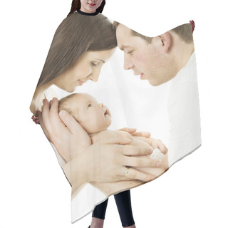 Personality  Parents And Baby. Family Mother, Father And Newborn Kid Over White Isolated Background. New Born Child Birth Love Concept Hair Cutting Cape