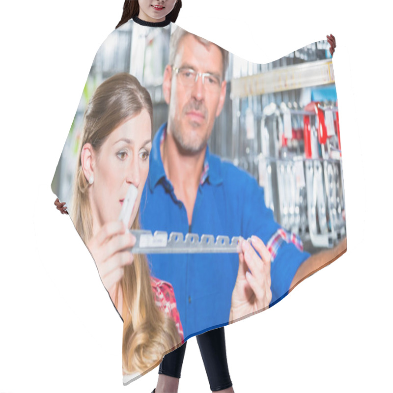 Personality  Employee Of Hardware Store Helping Customer   Hair Cutting Cape