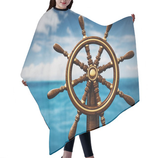 Personality  Ship Wheel Against Blue Sea And Sky. 3D Illustration. Hair Cutting Cape