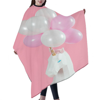 Personality  Bunch Of Air Balloons On Horn Of Toy Unicorn Isolated On Pink Hair Cutting Cape